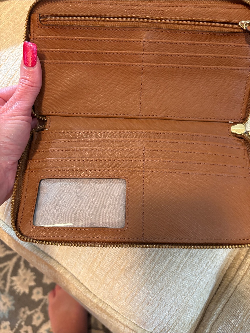 Michael Kors Teal Zip-Around Wallet with Brown Trim - Picture 13 of 14